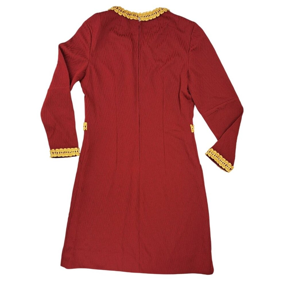 Vintage Handmade Maroon Dress Gold Gimp Trim Long Sleeve Chevron Texture Zip 70s - Picture 3 of 16
